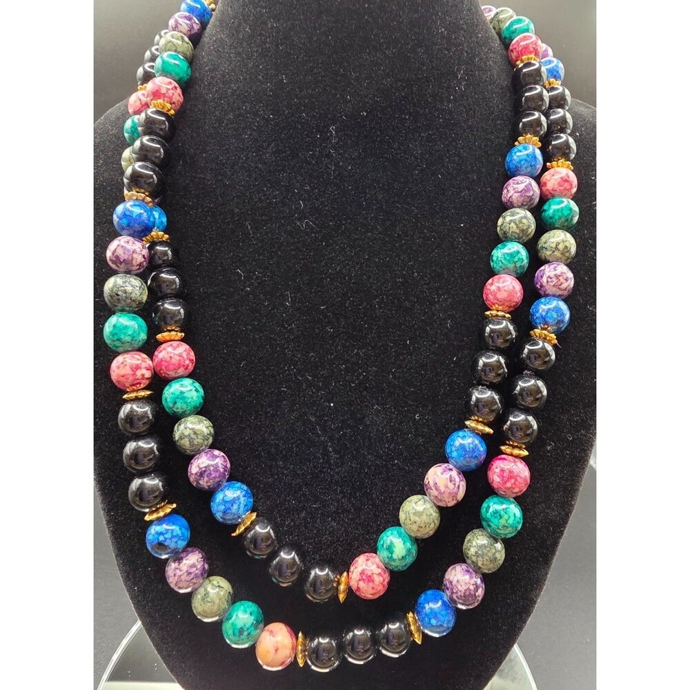 Vintage Long Double Strand Bead Necklace Black Pink Blue Green Purple Marbled